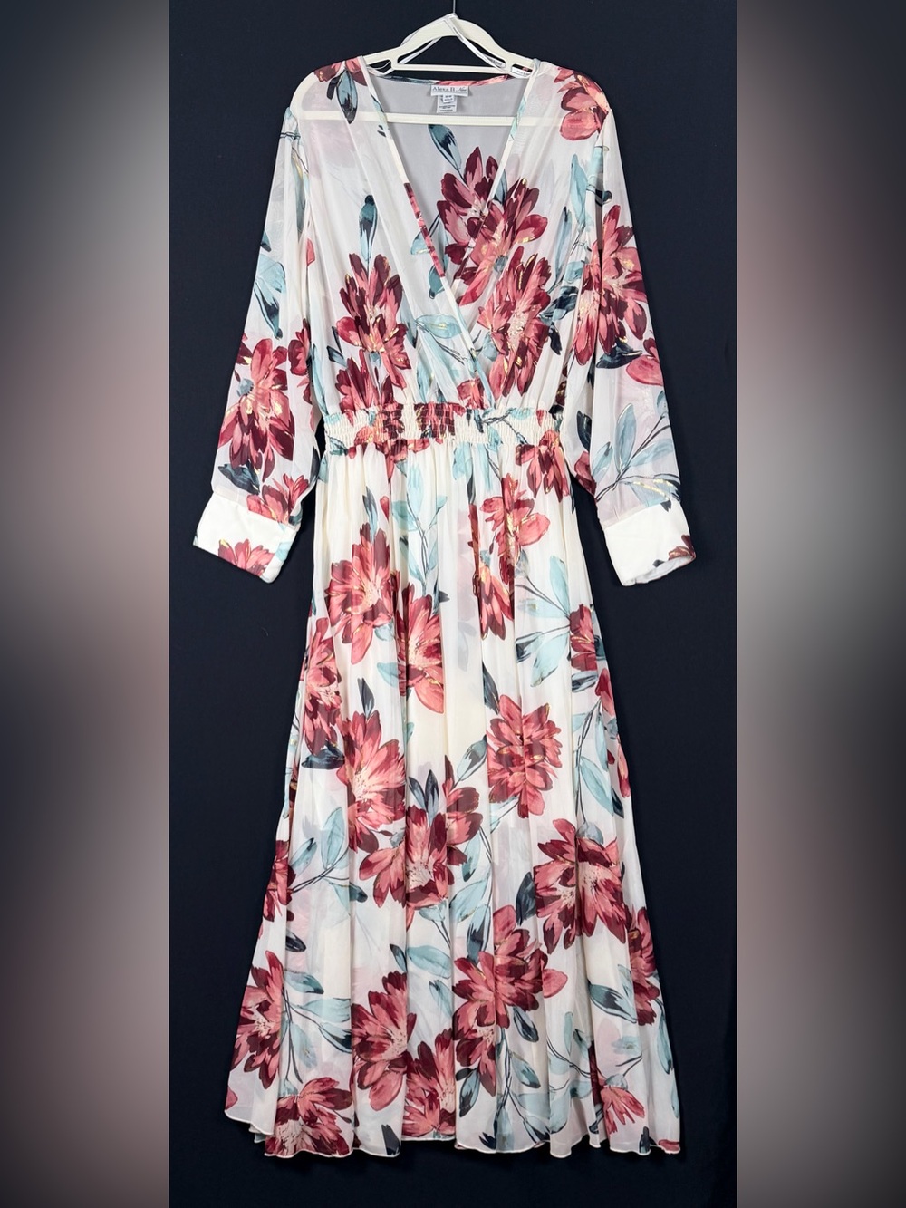 Women's Floral Wrap Maxi Dress in White and Pink